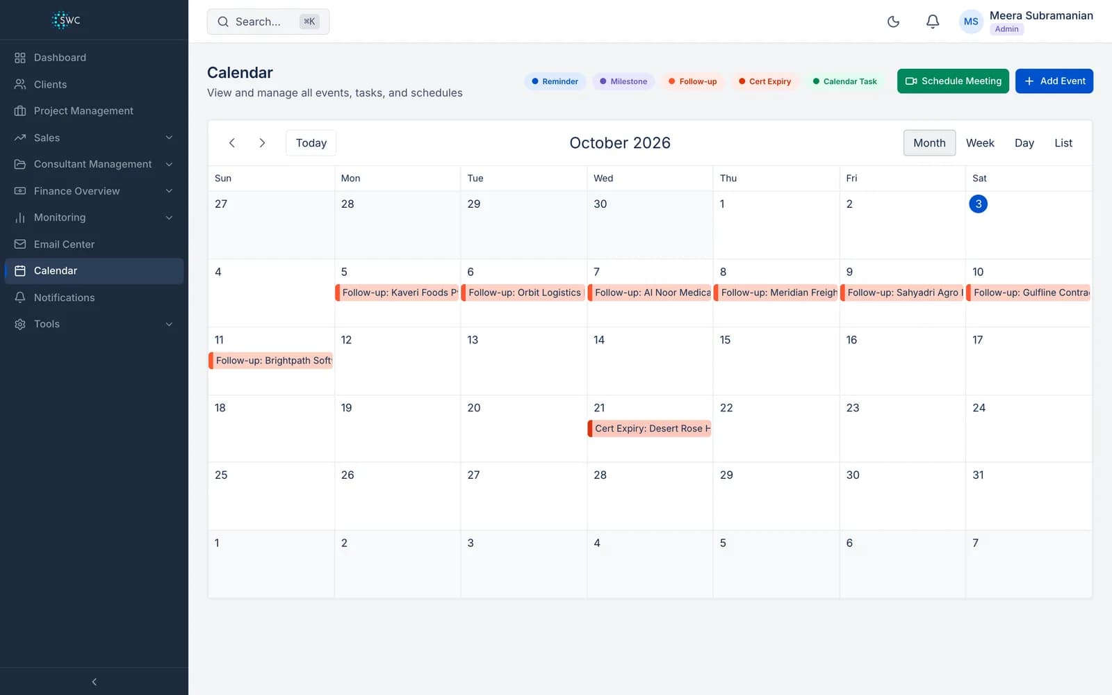 The team calendar with lead follow-ups and a certificate expiry