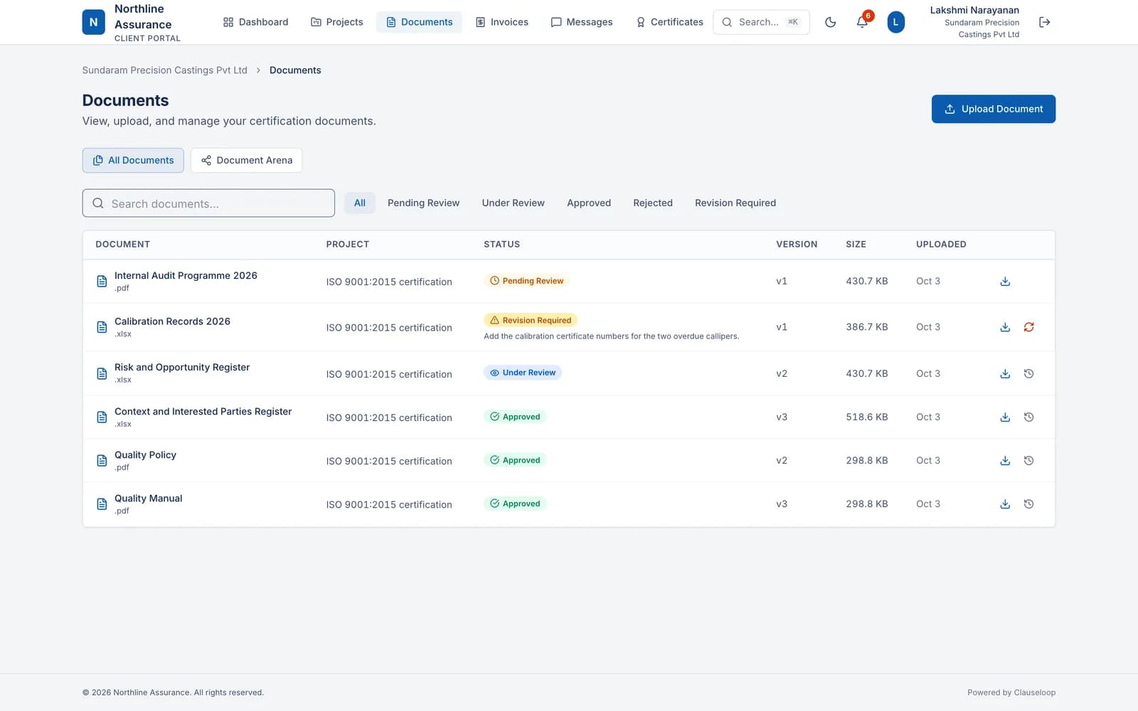 The client's documents in the portal, each with its review status