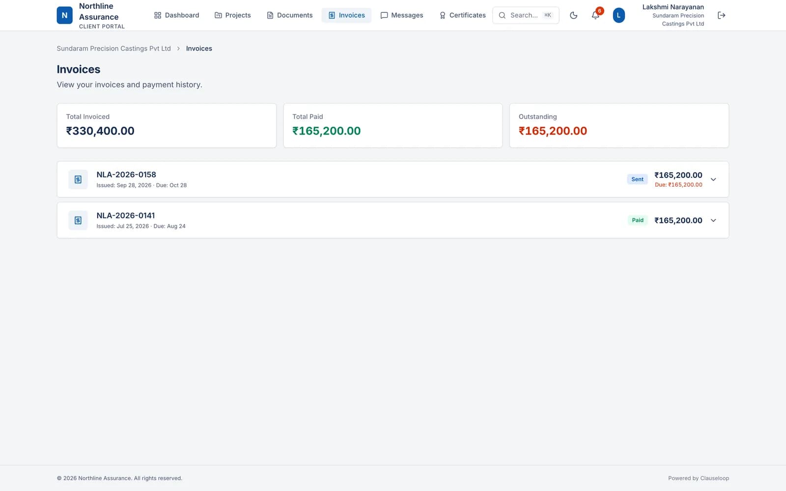 The client's invoices in the portal with their payment history