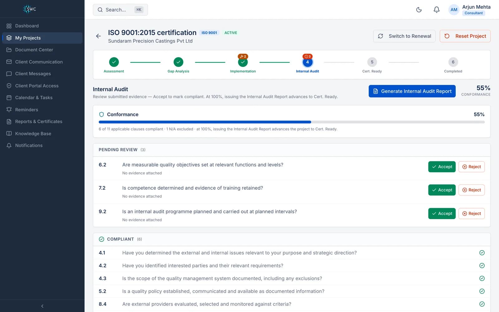 An ISO 9001 project in internal audit, with evidence decisions clause by clause