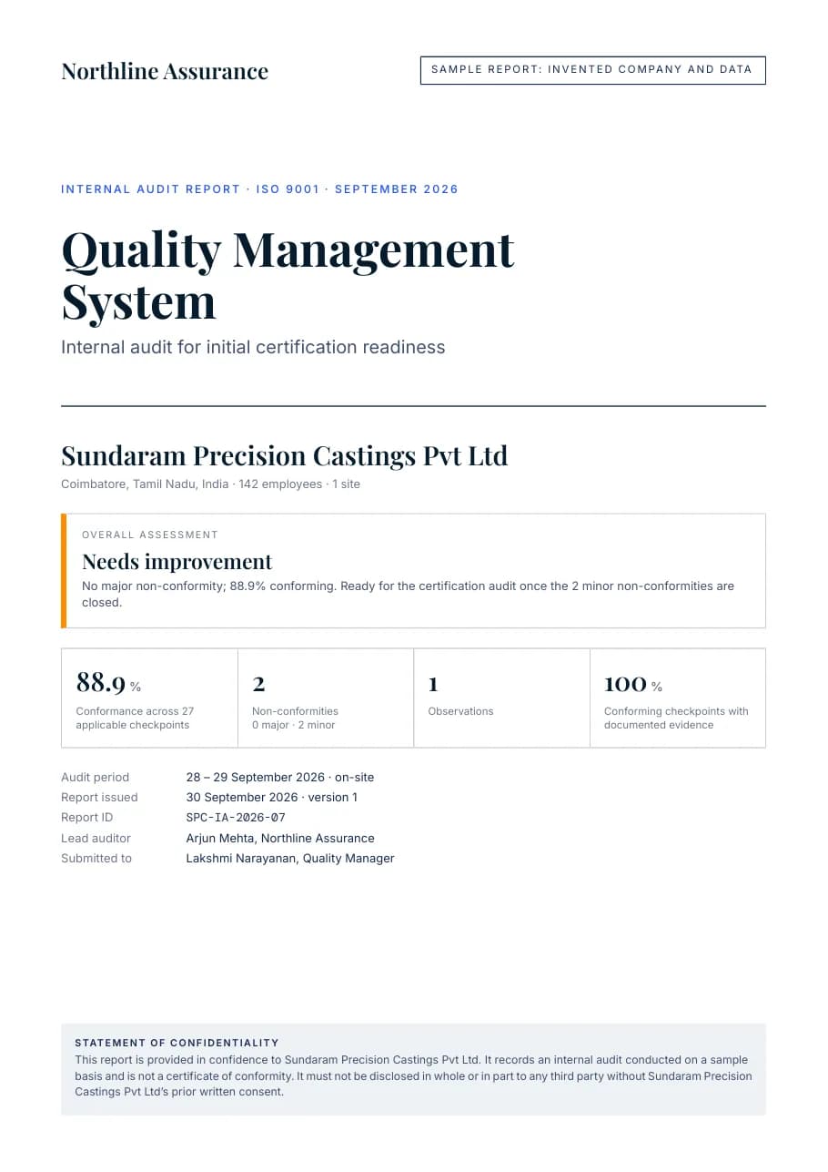 Sample Internal Audit Report, page 1: Cover: the overall assessment and the figures behind it