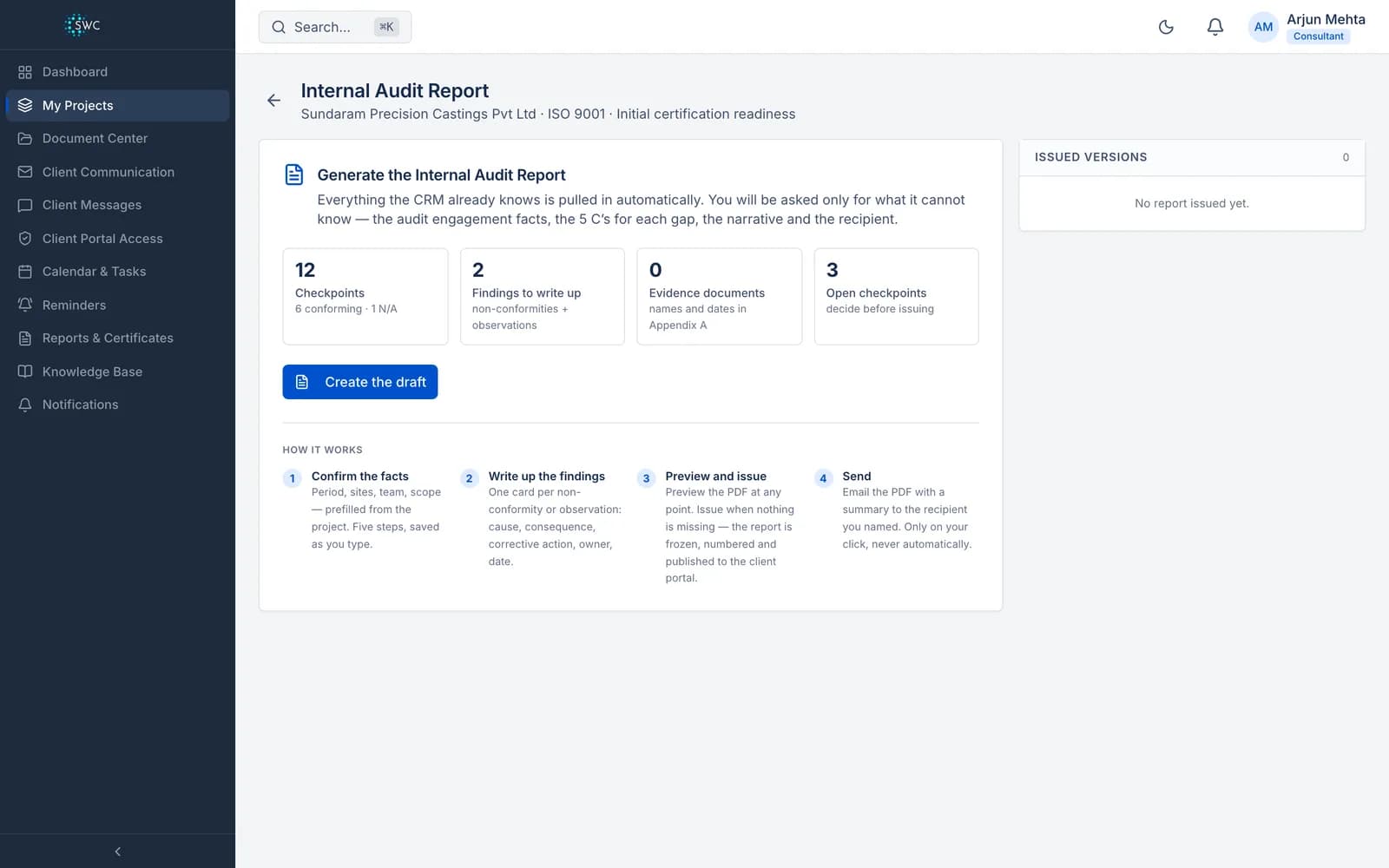 The Internal Audit Report page, drafted from the audit record